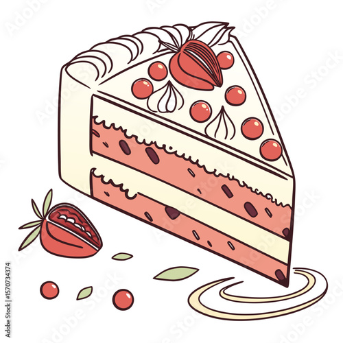 Strawberry cake slice with cream and berries dessert