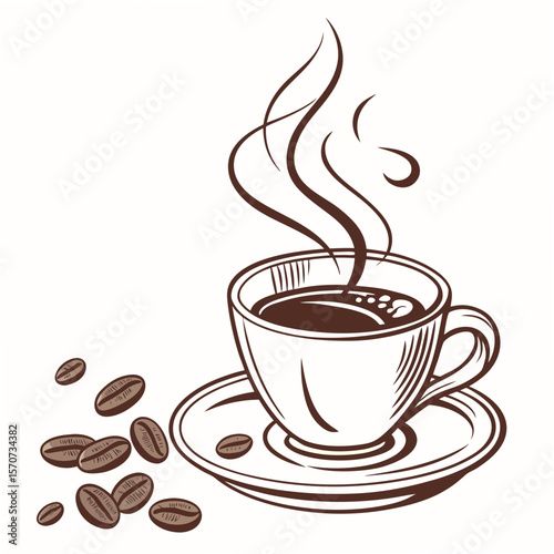 Steaming coffee cup with beans saucer