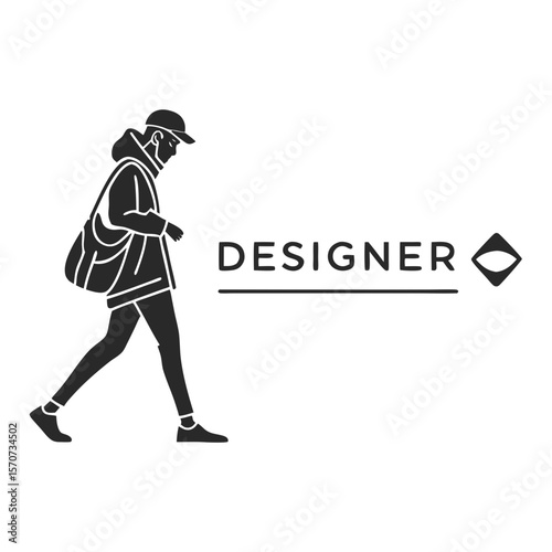 Stylized person walking with bag and designer text logo fashion