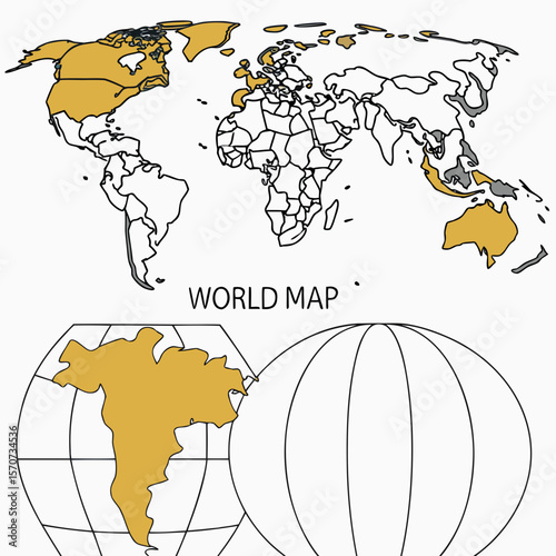 Stylized world map with highlighted continents and globe detail geography cartography