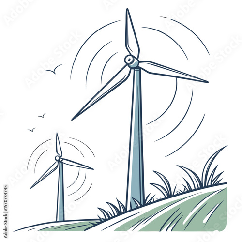 Tall wind turbines generating clean energy in a grassy field with birds flying wind energy