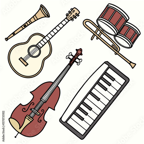 Various musical instruments on white background guitar violin