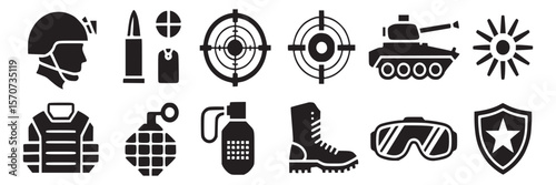 Military equipment vector icons set war army soldier weapon tank helmet shield target grenade boot glasses on transparent background