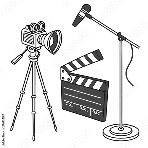 Vintage camera microphone clapperboard on tripod film production