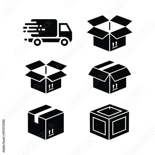 Six Black and White Delivery Icons Depicting a Delivery Truck and Various Cardboard Boxes in Different Open and Closed Positions with Upward Facing Arrows Indicating Proper Handling