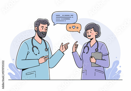 Two medical professionals discuss patient care and health information, collaborating and communicating in a meeting or consultation setting