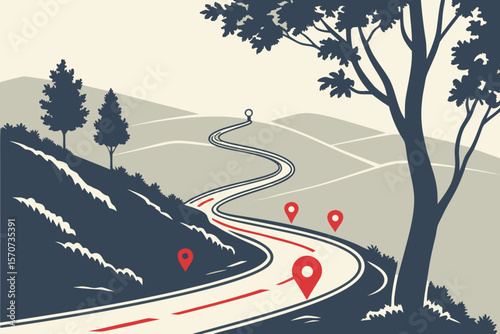  winding road with red location pins, 3d render, highly detailed, realistic, cinematic lighting, 4k