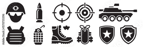 Military equipment icons set vector illustration army war tank helmet bullet grenade target boot shield on transparent background