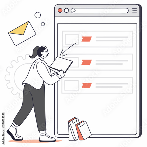Woman interacting with digital interface displaying email list inbox