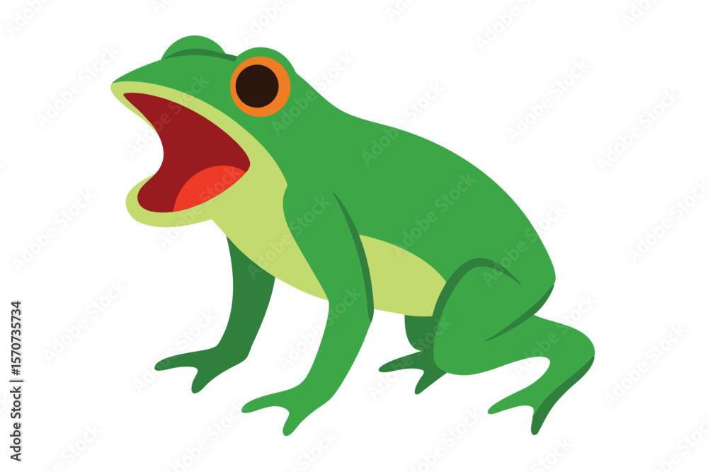 Fototapeta premium Cartoon green frog with mouth wide open and big orange eyes