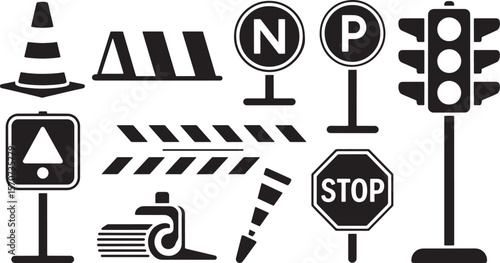 Road Signs, Construction Barriers, and Traffic Management Icons