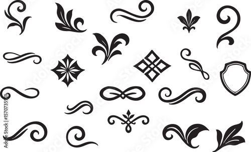 Decorative Flourish Icon Set – Ornamental Shields, Swirls & Geometric Design Elements