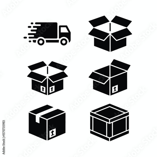 Six Black and White Delivery Icons Set Featuring a Delivery Truck and Various Cardboard Boxes and Wooden Crates Depicting Different Packaging Options for Shipping and Logistics Purposes with