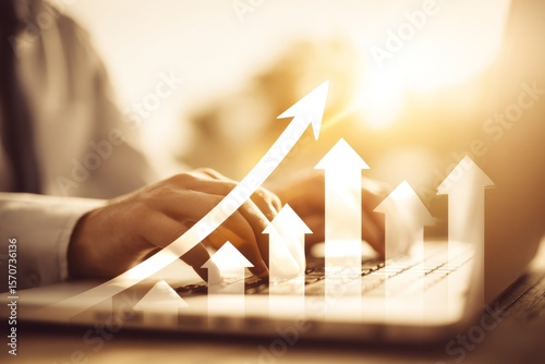 Young business person analyzing online trading platform with upward trending arrows and stock graphs