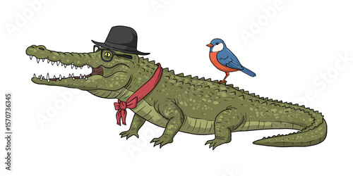 Stylish crocodile in hat and suit with birds, whimsical and humorous vector animal illustration