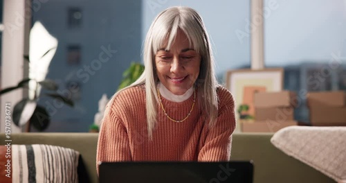 Entrepreneur, logistics or woman with laptop in home for delivery service, online order or shipping. Dropshipping startup, remote work and mature person with tech for package distribution and courier