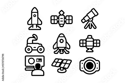 Space exploration icon set. Galaxy equipment symbol collection. Astronomy gear illustration pack. Rocket , Satellite, Space station, Rover, Lunar lander, Telescope, Control, Solar panel, Docking port