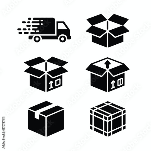 Six Black Glyph Icons Depicting Delivery and Packaging Concepts Including a Delivery Truck Speeding Motion Blur a Closed Cardboard Box an Open Cardboard Box with Number 10 an Open Cardboard
