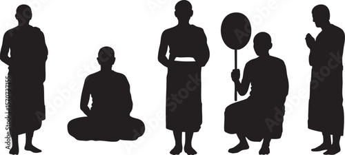 Black silhouettes of five Buddhist monks standing, sitting, and praying, isolated on white background, representing spiritual practice.
