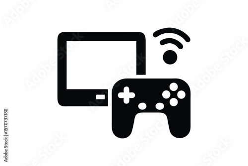 Wireless Game Controller and Monitor Icon: Modern, Minimalist, Flat Design, Technology, Gaming,  Digital Entertainment,  Connectivity,  Simple, Clean,  Professional,  High-Resolution Vector Graphic.
