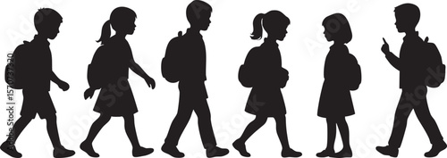 Silhouettes of School Children Walking in Line
