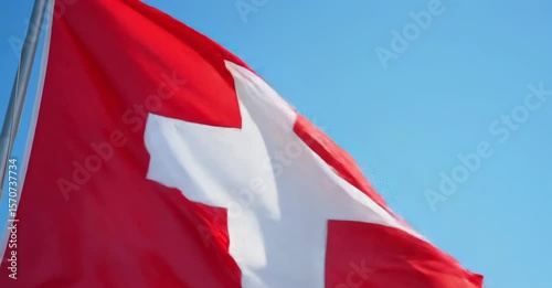 Swiss Flag Fluttering Proudly Against Clear Blue Sky National Symbol