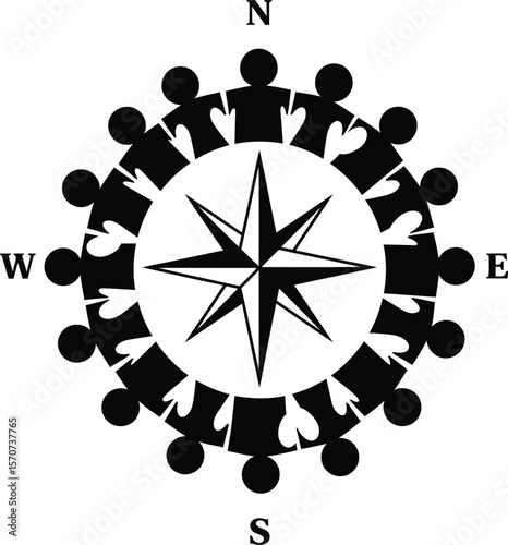 An inspiring vector illustration of a central compass rose surrounded by human figures holding hands, symbolizing unity, community, and shared direction in a global context.