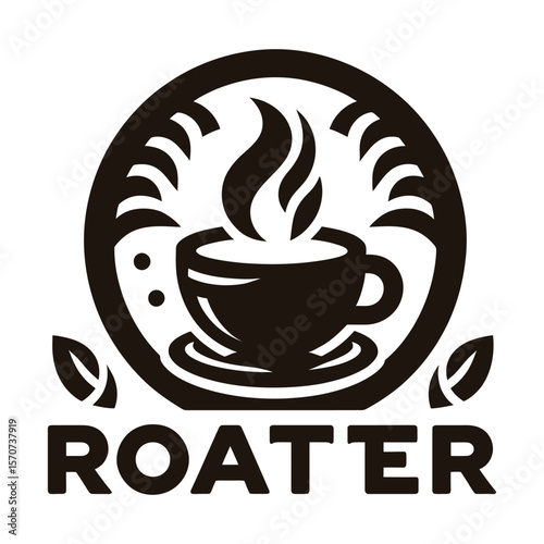 Rustic coffee cup with steam and leaf design, labeled “Roaster,” perfect for artisanal coffee branding