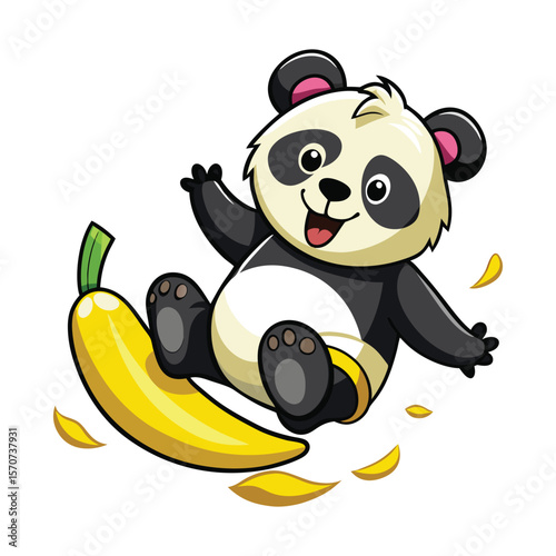 Cute panda slipping on banana peel with surprised expression, funny cartoon vector art for children’s book.