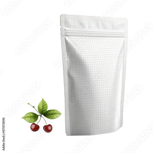 White pouch with cherries isolated on transparent background