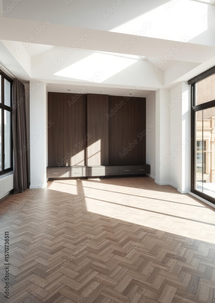 Fototapeta premium Before & after apartment renovation empty room transformed into modern living space with herringbone floors and natural light Empty room interior design architecture blank design room striking st