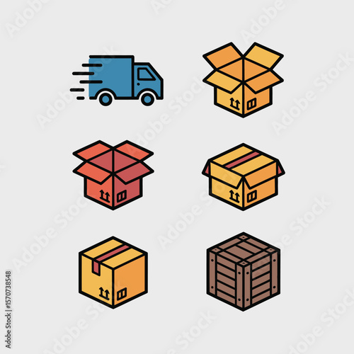 Six Colorful Isometric Delivery Package Icons Blue Delivery Truck Open and Closed Cardboard Boxes Wooden Crate Graphic Design Elements for Shipping Logistics Business Branding