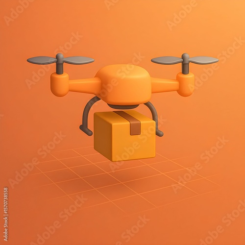 3D illustration of an orange drone flying with a yellow delivery package above a stylized orange geometric background.
