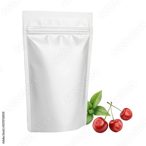 Blank pouch with cherries isolated on transparent background
