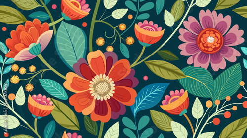 Vibrant floral pattern with blooming flowers and leaves on a dark background