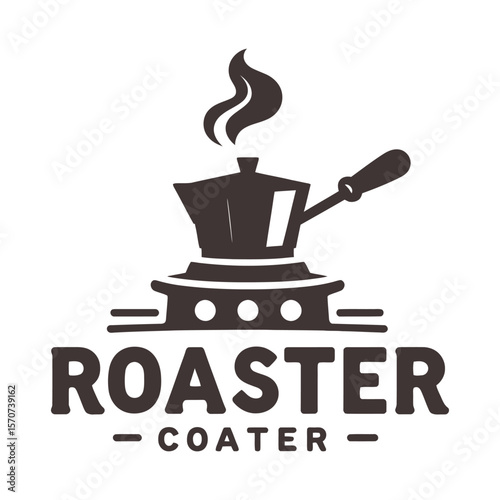 Coffee roaster machine with steaming pot and vintage text, ideal for coffee brand or roastery logo