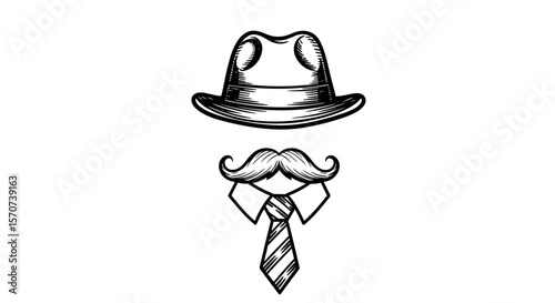 Engraving men’s day illustration with hat, mustache and tie — vintage ink sketch doodle black and white vector illustration on white background
