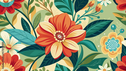 Vibrant floral pattern with orange red and yellow flowers and green leaves