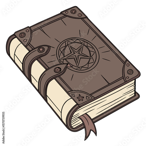 Ancient leather bound book with star symbol vector