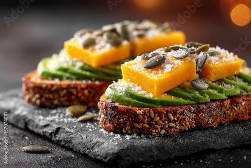 Two avocadomango toasts sit on a black stone slab sprinkled with seeds and a fine white powder