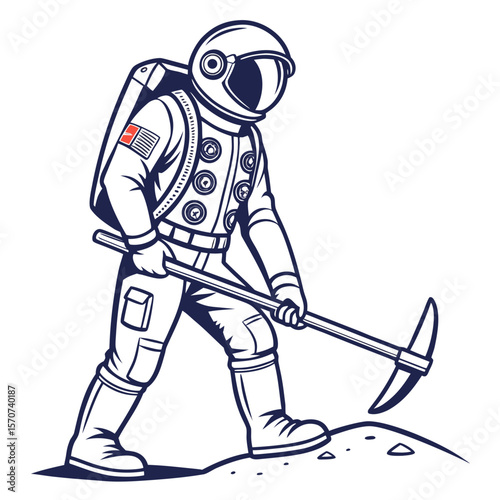 Astronaut digging with pickaxe on lunar surface space exploration