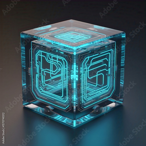 A transparent cube encasing an illuminated intricate circuit board design glowing with blue light