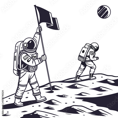 Astronauts planting flag on moon surface space exploration