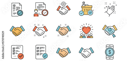 "Business Agreement and Partnership Icons – Handshake, Contract, Deal, and Trust Symbols in Flat Line Style"