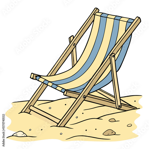 Beach chair with blue and yellow stripes on sand striped