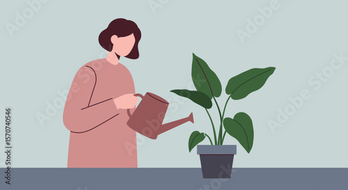 Flat vector Geometric Minimal Vector of Watering Houseplant