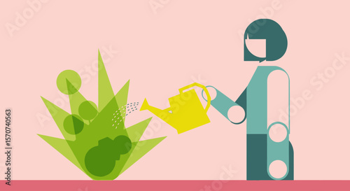 Geometric Minimal Vector of Person Watering Houseplant