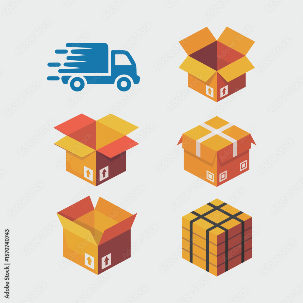 Obraz premium Six Isometric Illustrations of Cardboard Boxes in Various States of Openness and a Blue Delivery Truck Icon Depicting Shipping and Packaging Concepts Orange Yellow and Brown Color Palette