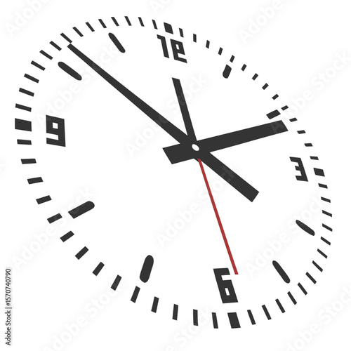Black clock face with red second hand time analog