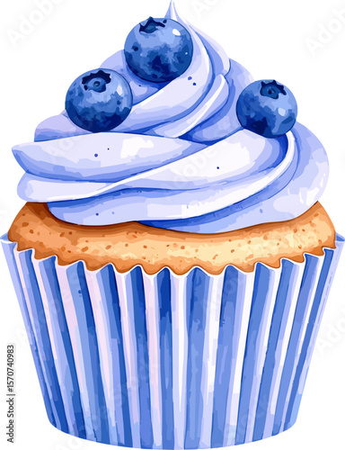 Blueberry cupcake watercolor vector illustration